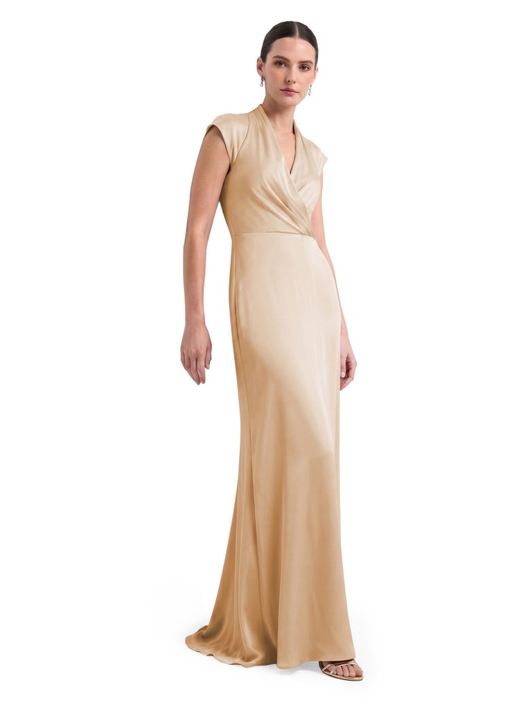 Warm Sand V neck Wrap Crepe Satin Gown