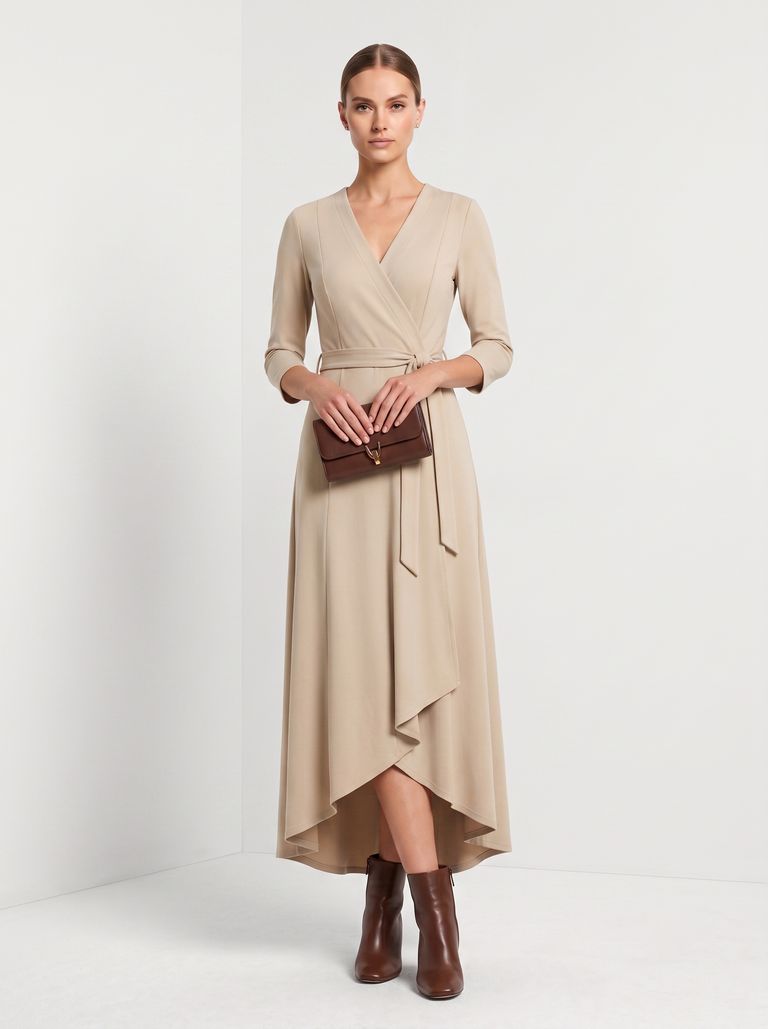 Ivory Surplice Wrap Asymetric Hem Ponte Dress