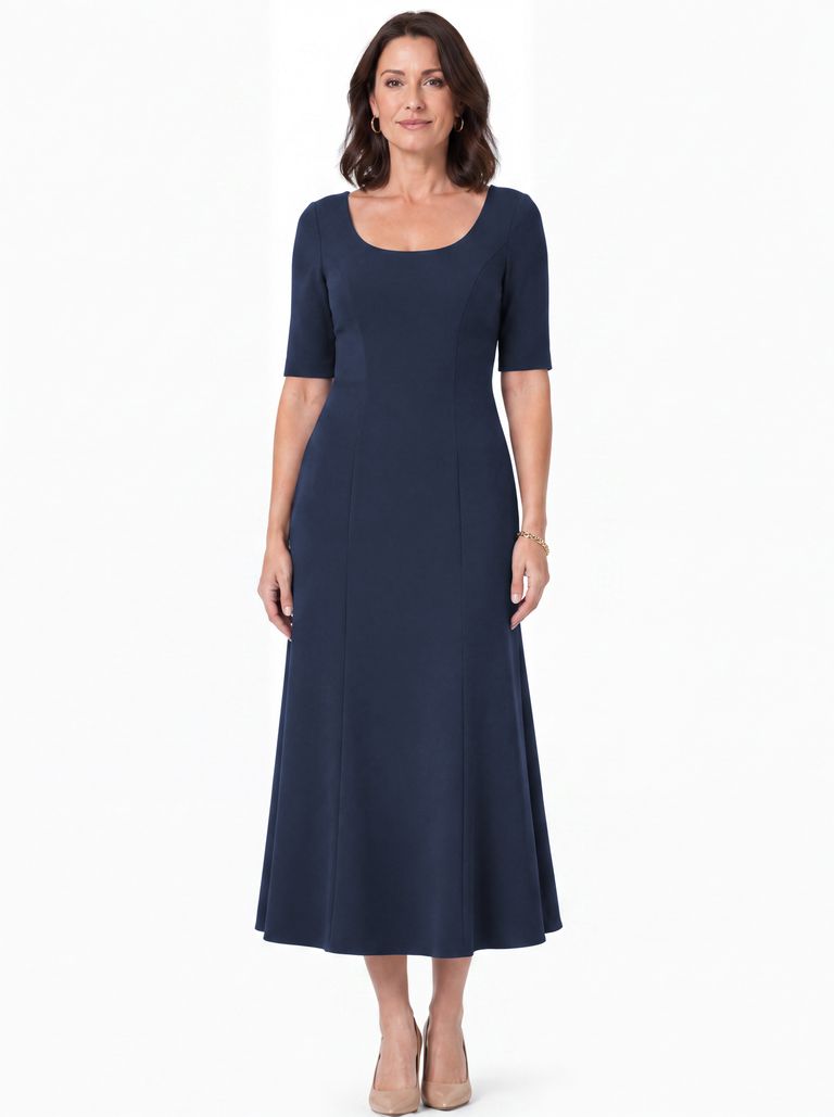 Deep Navy Elbow Sleeve Scoop Neck Satin Back Crepe Dress