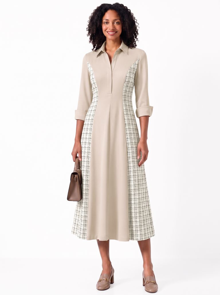 Sandstone Champagne Colourblock Princess seam Tweed and Crepe Shirt Dress