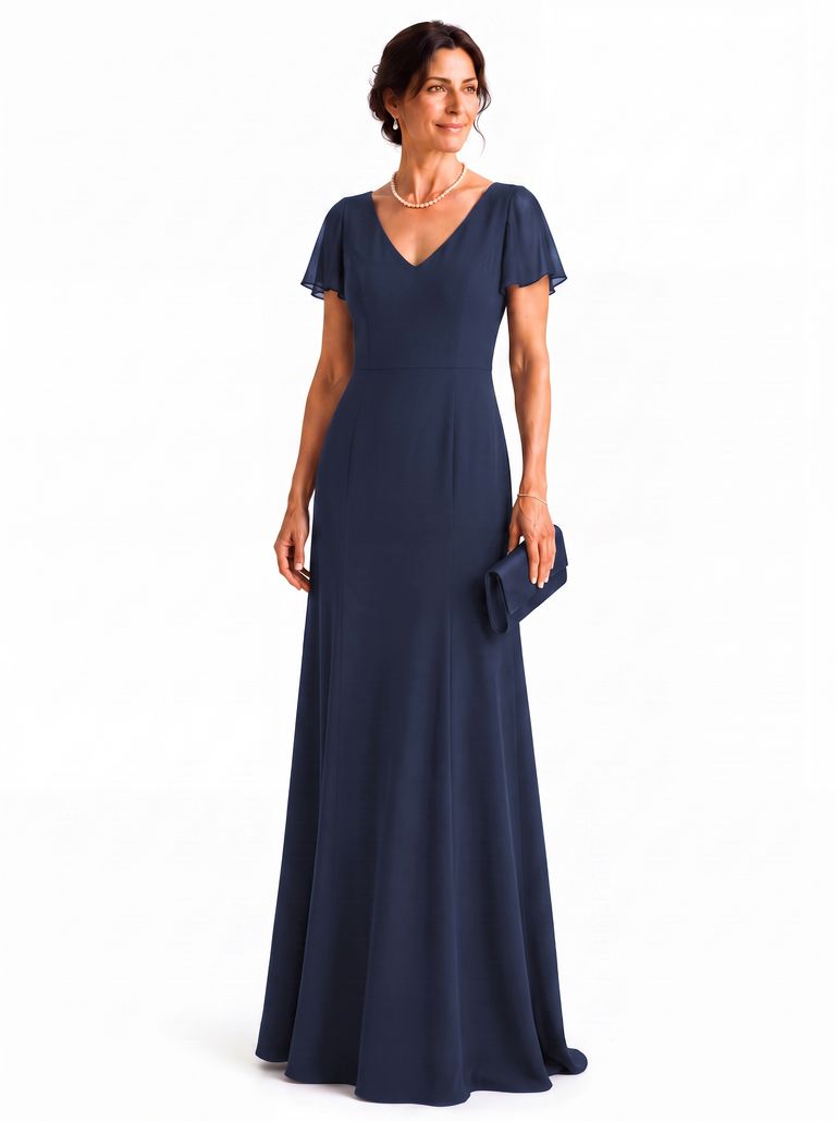 Deep Navy Short Flutter Sleeve Deep V Satin Back Crepe Gown