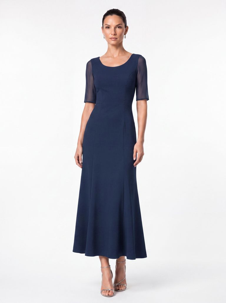 Deep Navy Scoop Neck Sheer Sleeve Satin Back Crepe Gown
