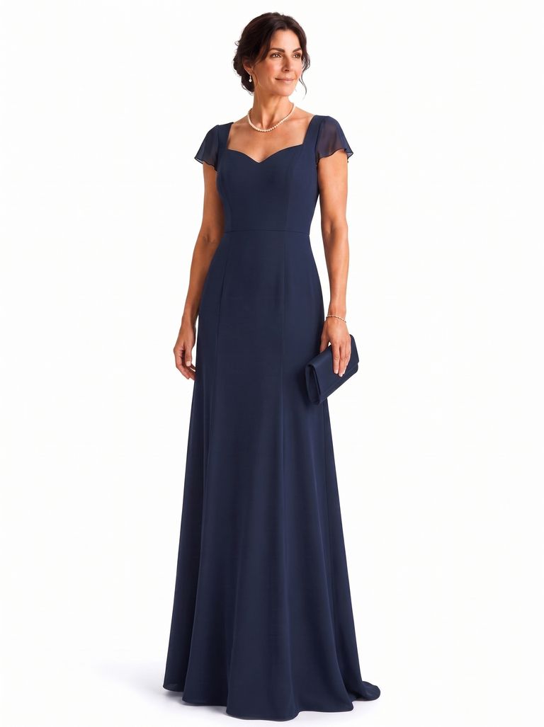 Deep Navy Sweetheart Neck Cap Flutter Sleeve Satin Back Crepe Gown