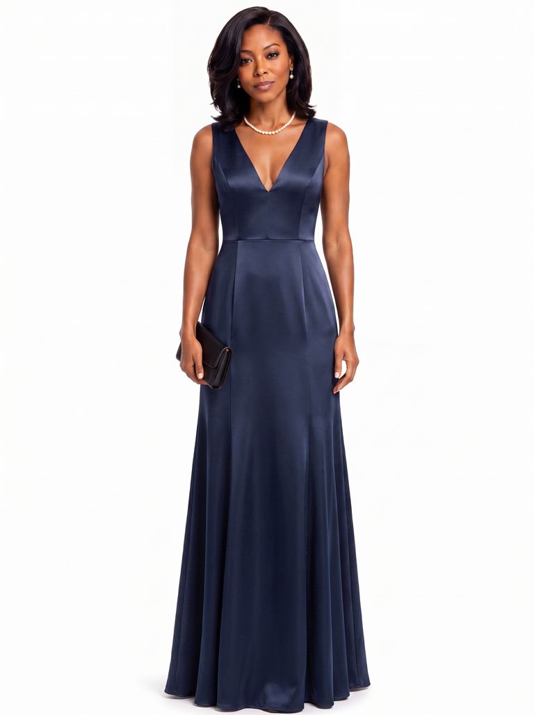 Midnight Navy Plunge V Column Gown