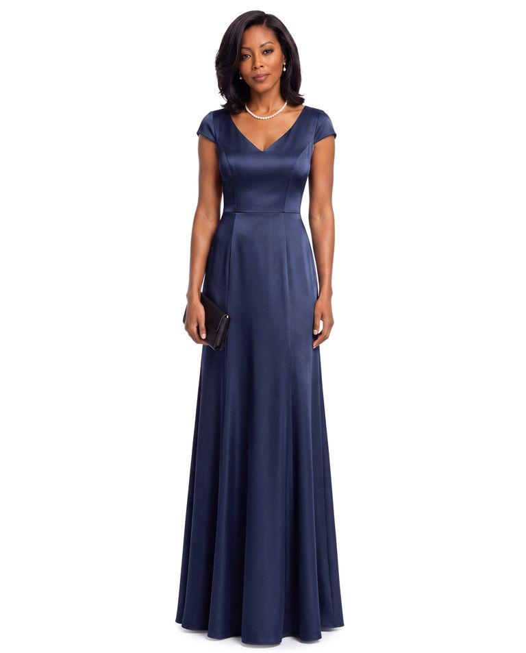 Midnight Navy Wide V Cap sleeves Gown