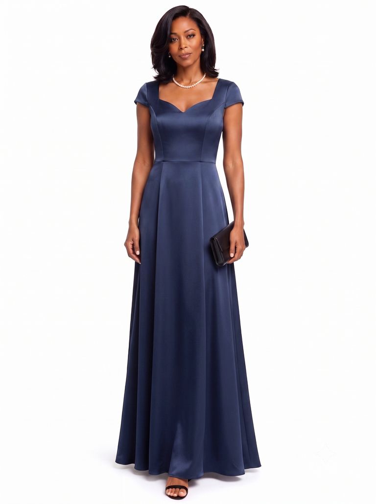 Midnight Navy Sweetheart Neck Cap Sleeve Light weight Satin Gown