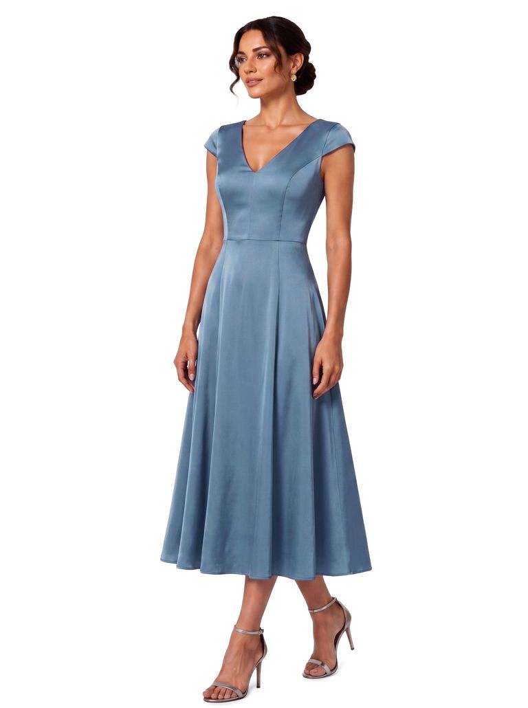 Slate Blue V Neck Cap Sleeve Light weight Satin Dress