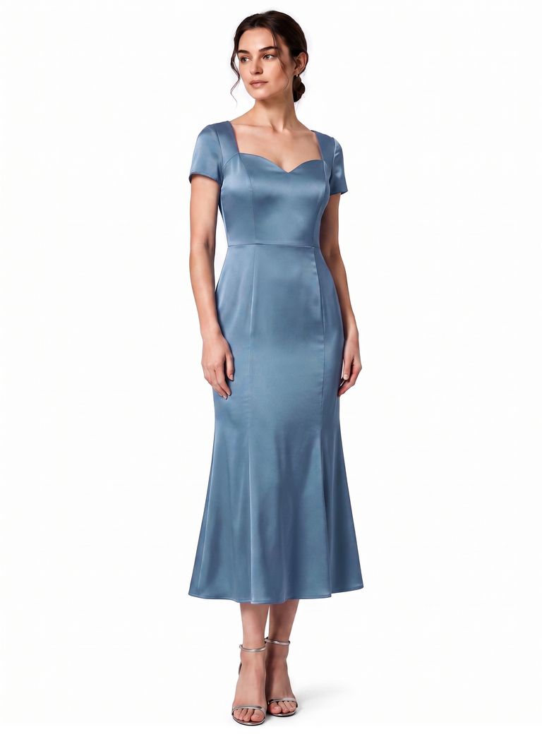 Slate Blue Sweetheart Neck Short Sleeve Light weight Satin Dress