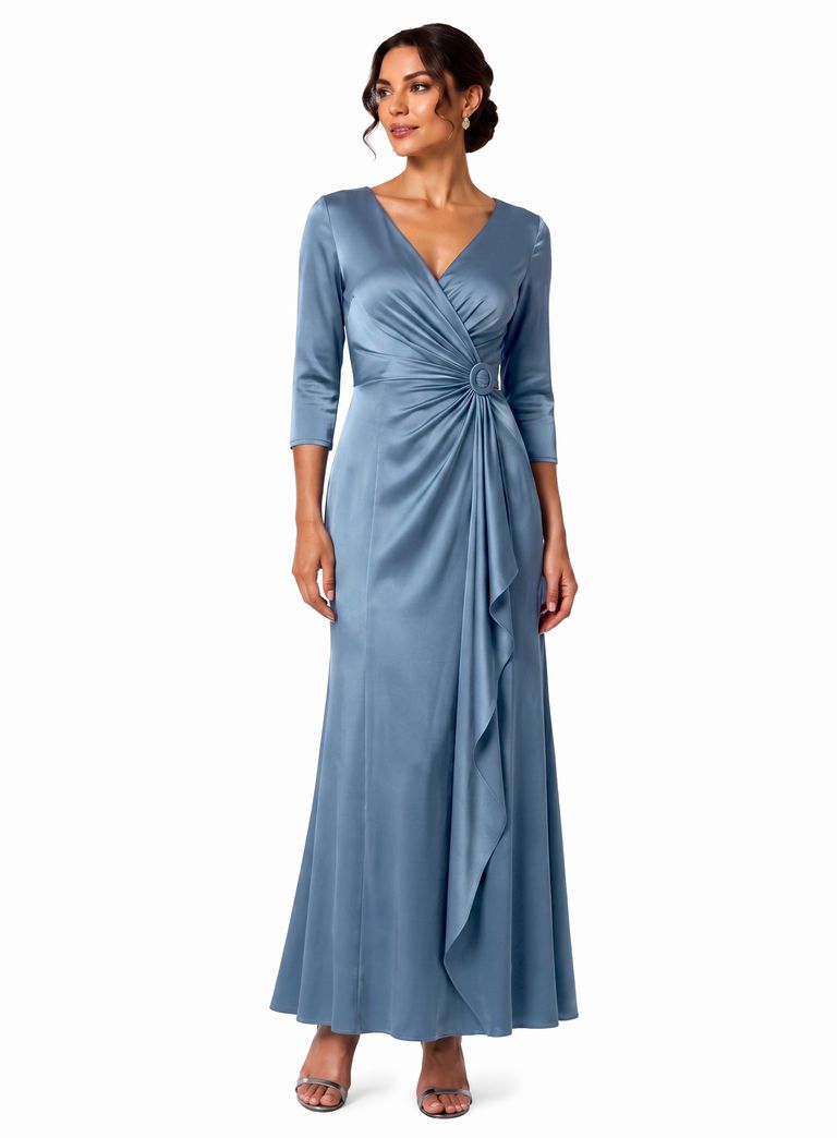 Slate Blue Draped V Neck Bracelet Sleeve Light weight Satin Gown