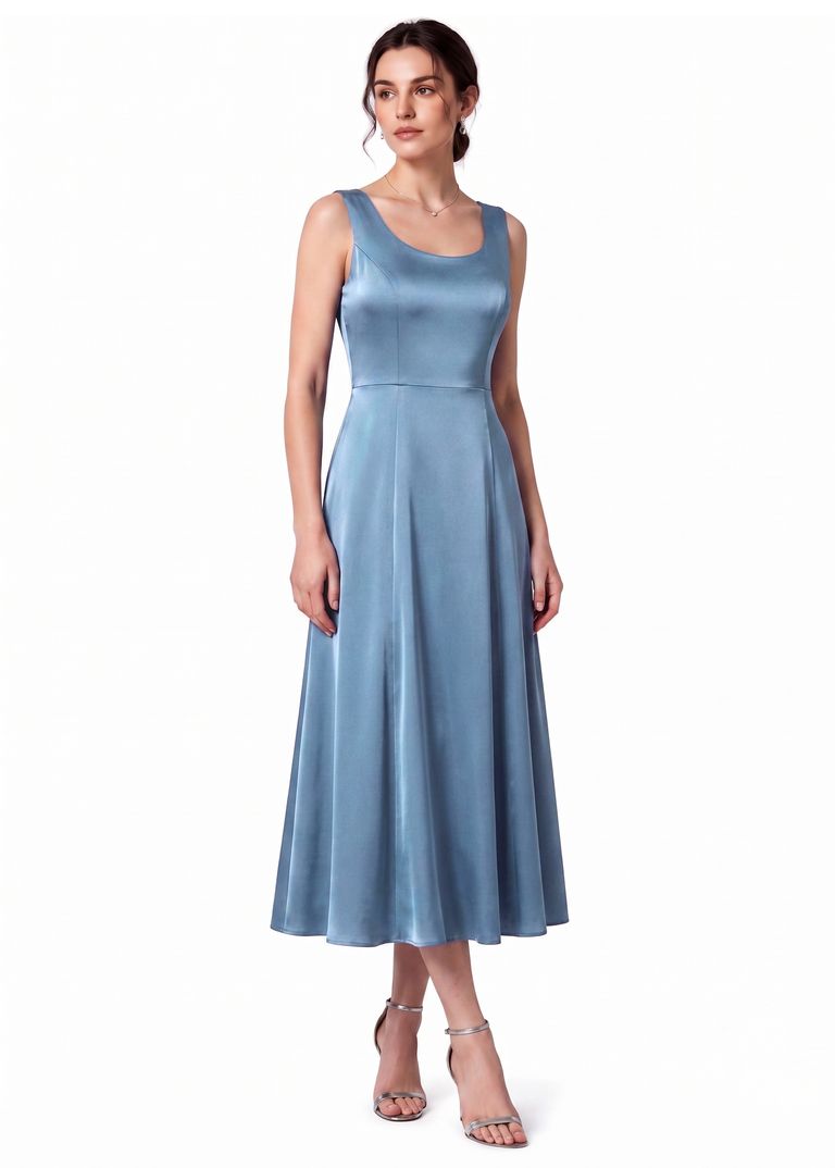 Slate Blue Scoop Neck Sleeveless Light weight Satin Gown