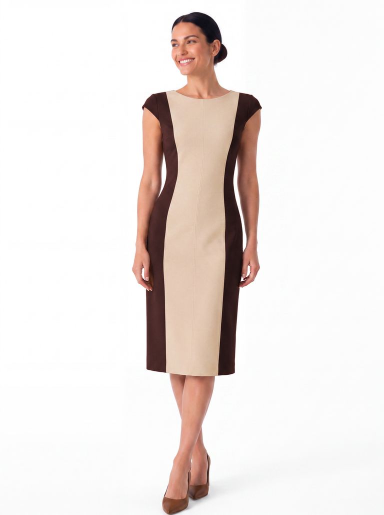 Walnut Champagne Oat Structured Colourblock Ponte Dress