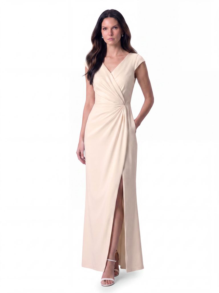 Warm Ivory Wrap Front Dolman Satin Back Crepe Gown