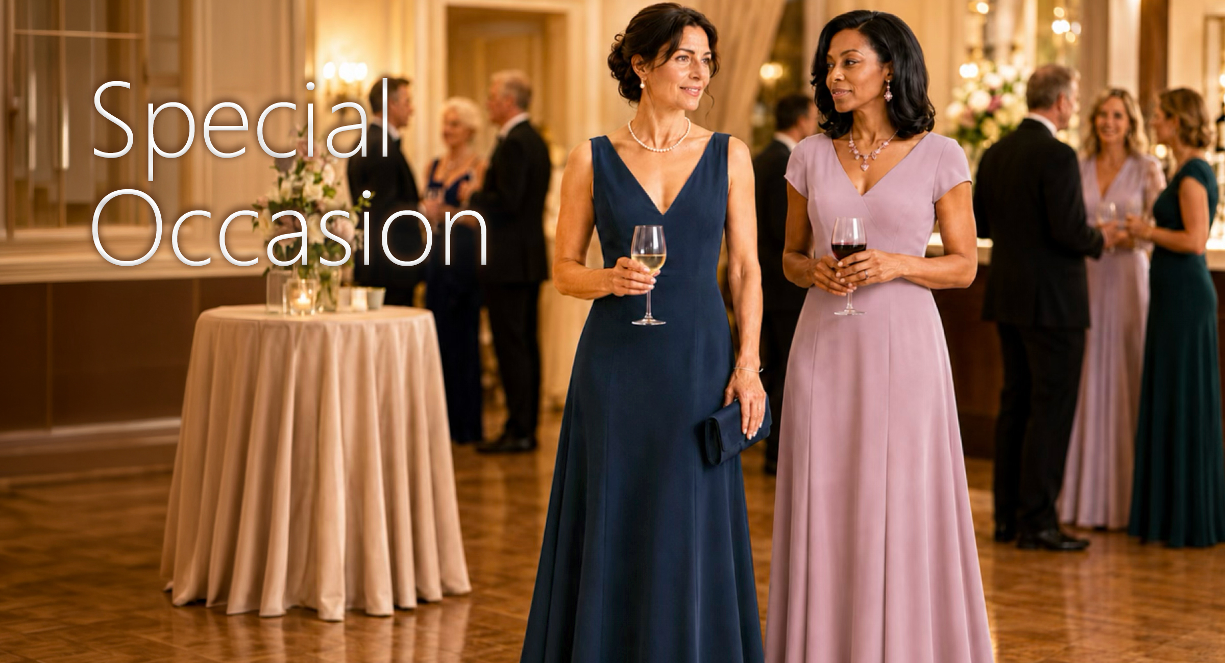 Special Occasion — two women in floor-length gowns at an evening reception.