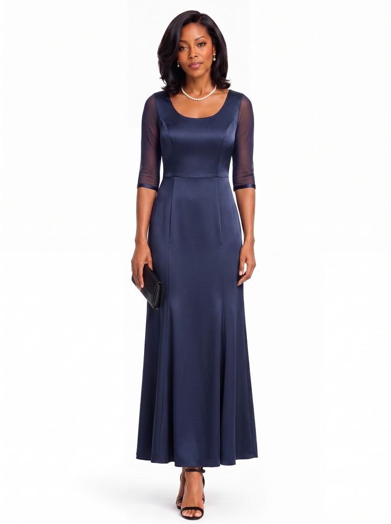 Midnight Navy Sheer Sleeve Princess Light Weight Satin Gown