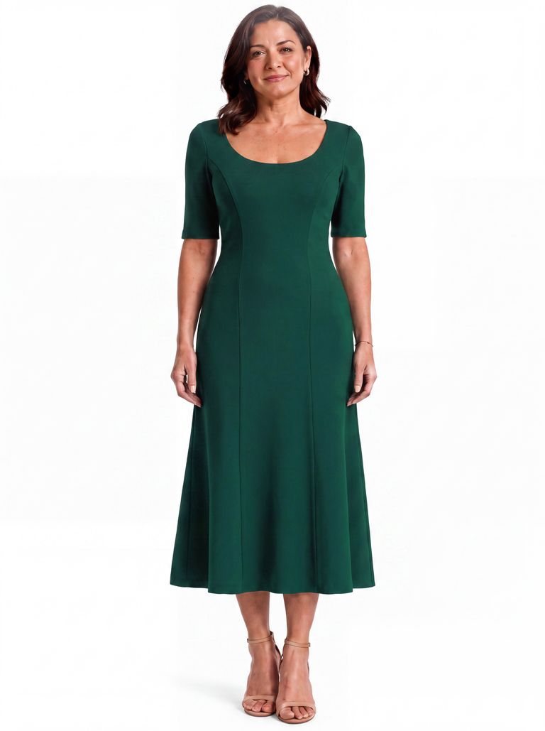 Deep Teal Elbow Scoop-Neck Princess Seam Sculpted Heavy Crepe Dress