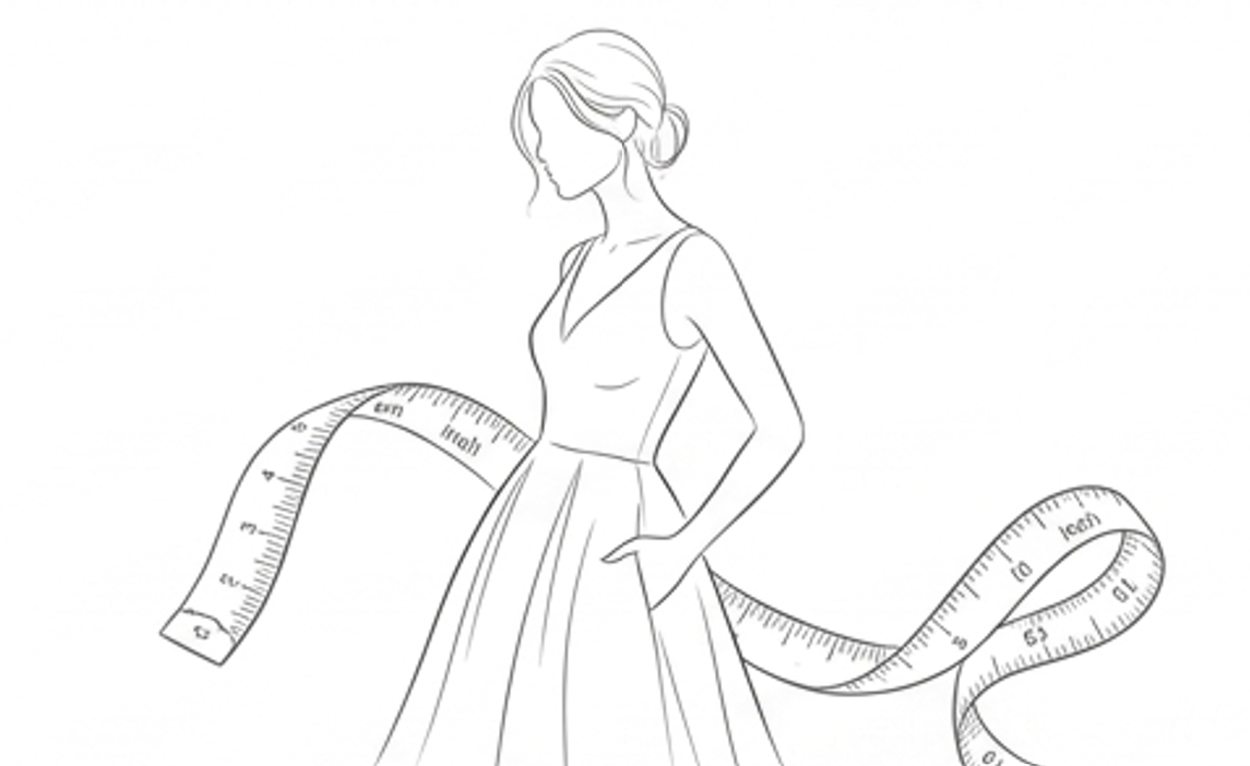 Line drawing of a woman in a V-neck dress, with a tailor's measuring tape curving around her — a nod to made-to-measure fit.
