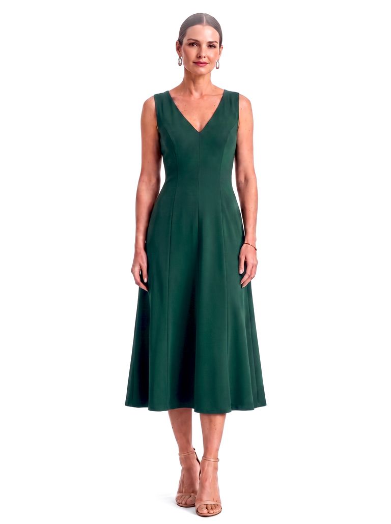 Deep Teal Sleeveless V-Neck Princess Seam Sculpted Heavy Crepe Dress